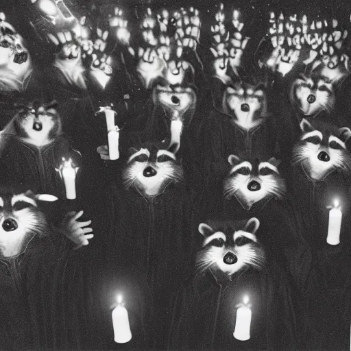 Image similar to vintage disposable camera photo, a group of raccoons wearing dark cult robes look towards the camera in surprise and anger as they perform a dark occult evil ceremony inside the secret lair of an underground mystery cult, dramatic candlelight, ultra - detailed, photorealistic, 4 k