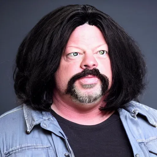 Prompt: Rick Harrison with a wig talking to the camera, lots of black hair, wig, symmetrical face