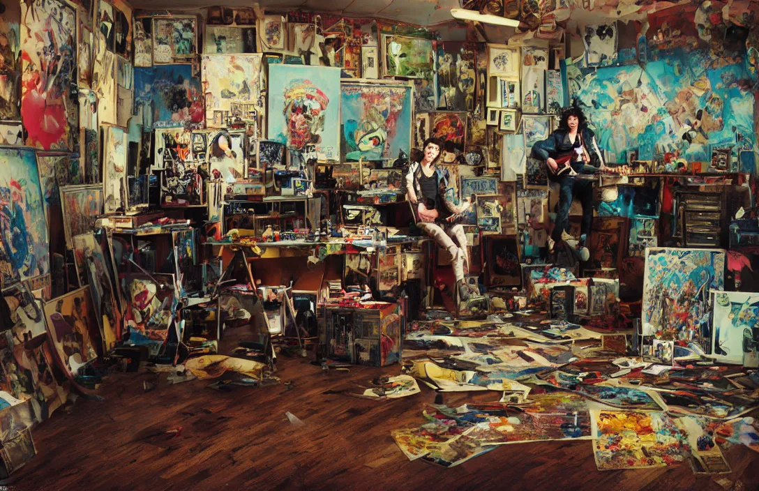 Prompt: a pretty punk rock young man with messy very long curly dark brown hair and a band tee painting in a vintage 80s artist studio interior, old wood floors, musical instruments and band posters, messy maximalist interior, warm, painting by Craig Mullins, octane rendering, soft morning lighting, wide angle lens, low view, in the style of Hayao Miyazaki, trending on artstation,