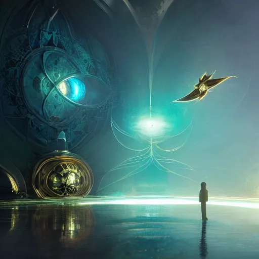 Image similar to within a flower the whole and finite capsule apparent with awe the apparition, an idea seep's into infinity highly detailed in volumetric latent space, golden turquoise steampunk, high contrast cinematic light, mystical shadows, sharp focus, divine realm of gods, octane render, artist by greg rutkowski,