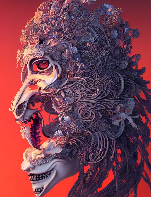 Image similar to 3 d goddess of hell close - up profile portrait with ram skull. beautiful intricately detailed japanese crow kitsune mask and clasical japanese kimono. betta fish, jellyfish phoenix, bio luminescent, plasma, ice, water, wind, creature, artwork by tooth wu and wlop and beeple and greg rutkowski