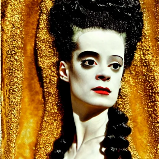 Prompt: a dramatic cinematic portrait photograph of bride of frankenstein influenced by gustav klimt.