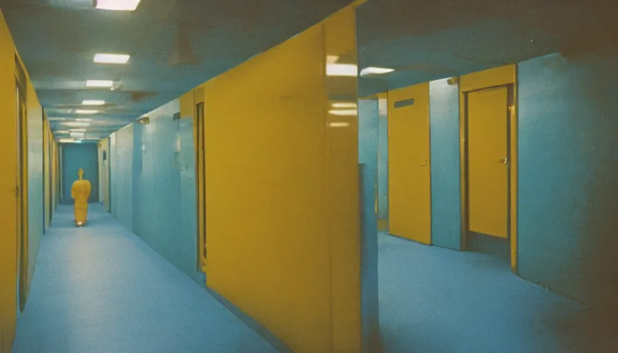 Image similar to 60s movie still of an empty sauna corridor fade yellow light and light blue tiles floor in the backrooms, exit signs with random arrows everywhere, cinestill 800t 50mm eastmancolor, liminal Space style, heavy grain