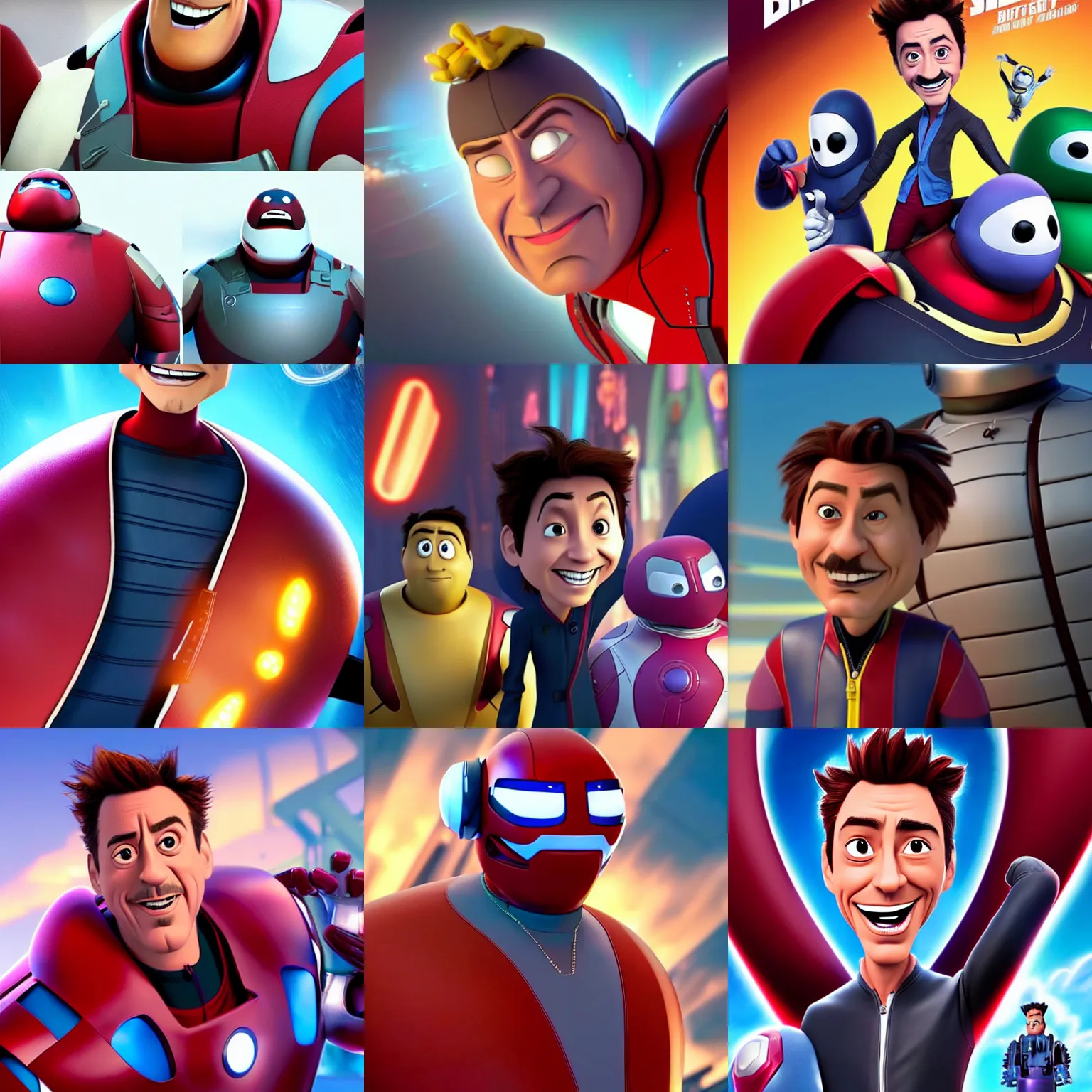 Prompt: Robert Downey Jr stylized caricature in Big Hero 6 (2014), animated cinematography 3D CGI movie