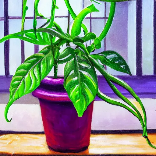 Image similar to several green and violet poisonous spiked vines grow from a pot, on wooden table in the ray of sunshine in greenhouse, oil painting, sharp focus, high detailed, calm, warm lighting, sparkles, by Rutkowsky