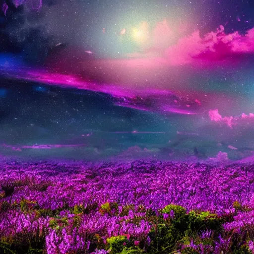 Image similar to Landscape photo of beautiful alien world, with purple skies and large flowers, wallpaper, 8k, award winning photo