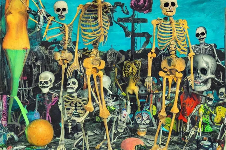 Image similar to scene from surfing, day of the dead, cyber skeleton, neon painting by otto dix