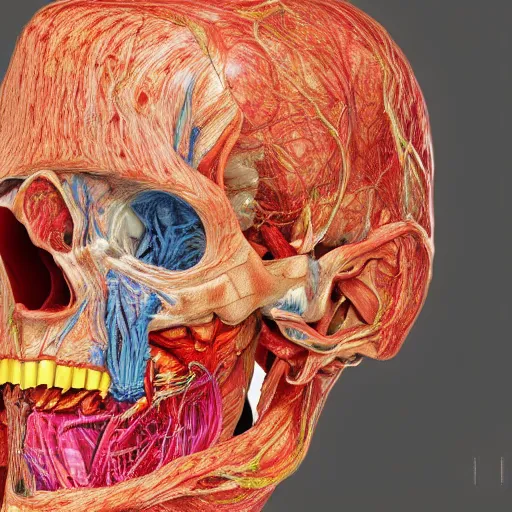 Image similar to insides of a dissected human head turn into a huge coloured power explosion, hyperrealistic medical photo, anatomically correct, realistic textures + section model, 8 k,