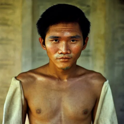 Prompt: Face of a young pre-colonial Filipino man in his 20s wearing traditional costume, photographed by Steve McCurry