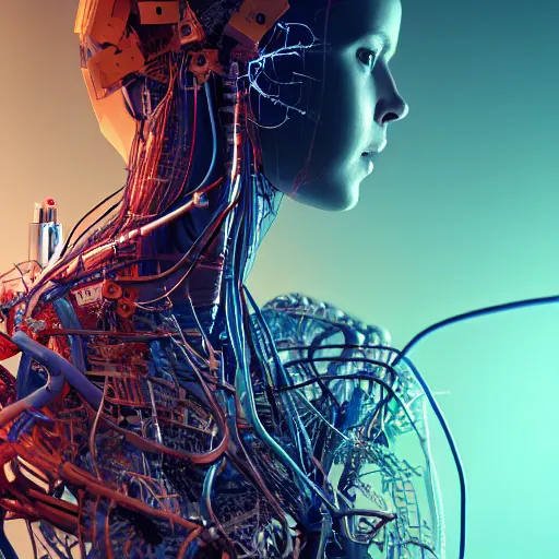 Image similar to a human heart, revealing wires and electronics, hooked - up, sci - fi, missing panels, intricate abstract upper body intricate artwork, concept art, octane render, deviantart, cinematic, key art, hyperrealism, iridescent accents, portrait photograph, nikon 3 5 mm, photograph by greg rutkowski