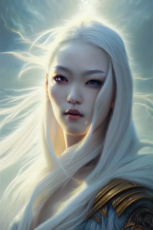 Image similar to oil painting, sakimi chan, white skin, fantasy armor, detailed face, tony sart, wind, lightning, dramatic lighting