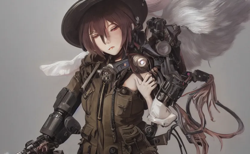 Image similar to mechanized witch girl, anime style, airforce gear, vintage clothing, human anatomy, short hair, hair down, symmetrical facial features, from arknights, hyper realistic, 4 k, rule of thirds, extreme detail, detailed drawing, trending artstation, hd, d & d, realistic lighting, by alphonse mucha, greg rutkowski