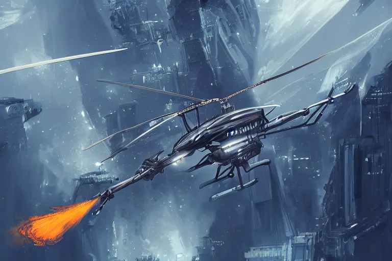 Prompt: futuristic autonomous helicopter with a flame cannon attached to the bottom, desolate metropolis, digital art, fantasy, trending on artstation, professional illustration, cgsociety, ultra detailed