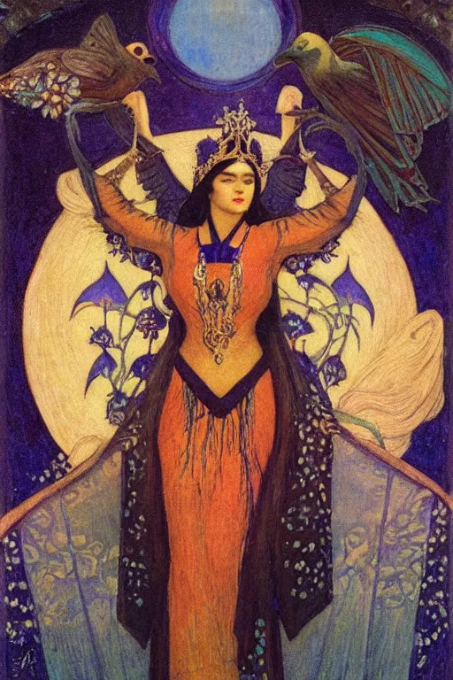 Image similar to queen of night with her lantern and birds, by Nicholas Roerich and Annie Swynnerton and jean delville and Gaston Bussière, black leather and embroidered velvet, iridescent beetles, rich color, dramatic cinematic lighting, extremely detailed