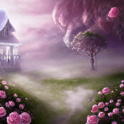 Prompt: a beautiful picture depicts a pale green fairy tale world, a strawberry cottage, white smoke and fairyland. lighting efects, cotton - like white clouds around the house, floating mist and gauze around the house, surrounded by roses, miyazaki hayao animation style, pastoral style, very detailed