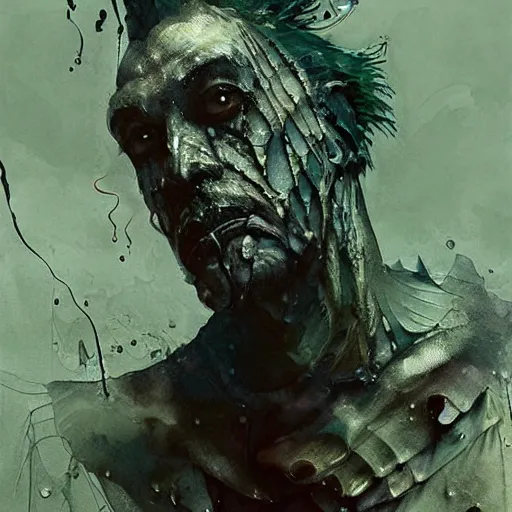 Image similar to mutant fishman sailor old man with gills and scales creatures from the deep ocean by emil melmoth zdzislaw beksinki craig mullins yoji shinkawa realistic render ominous detailed photo atmospheric by jeremy mann francis bacon and agnes cecile ink drips paint smears digital glitches glitchart