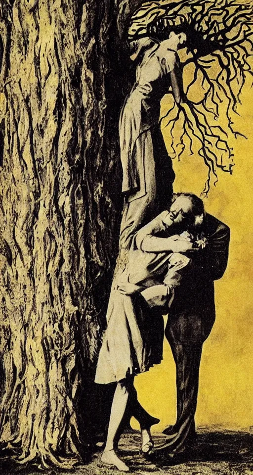 Image similar to Marie Curie hugging a tree by Salvador Dalí