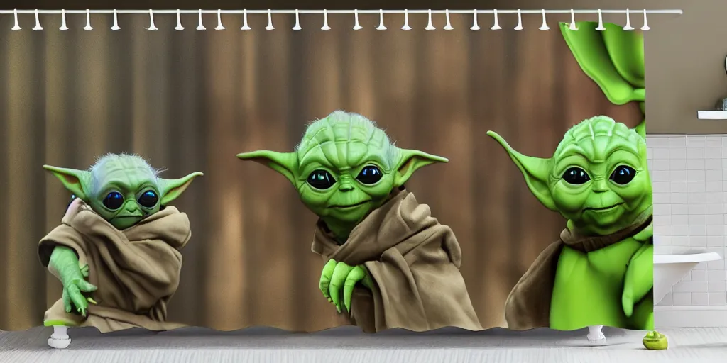 Image similar to a ( ( ( ( ( mando mandalorian ) ) ) ) ) baby yoda playing and running themed shower curtain, shower curtain. product photography. product lighting. digital art. 4 k, highly detailed. saturated. photorealistic.