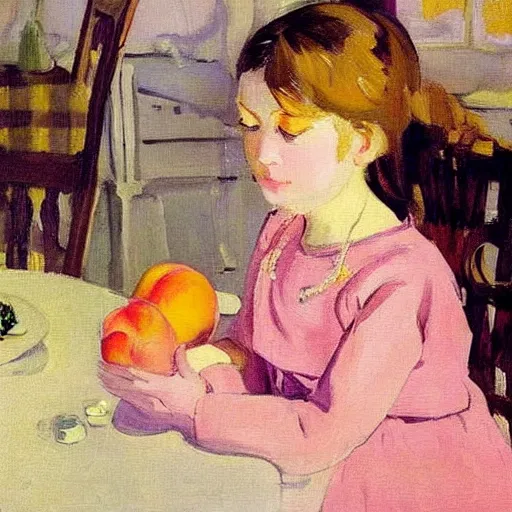 Prompt: a girl in a pink dress with folded hands on a table with peaches and iphones on a table sits at a table in a sunny room and looks at the camera, by valentin serov