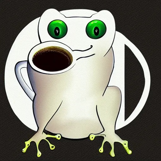 Prompt: a frog holding a coffee mug, digital art, smooth, logo
