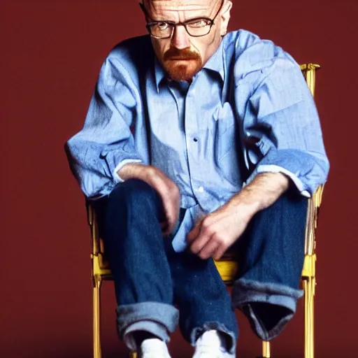 Image similar to walter white face sitting on chair photo by annie leibovitz 8 0 mm lens bokeh