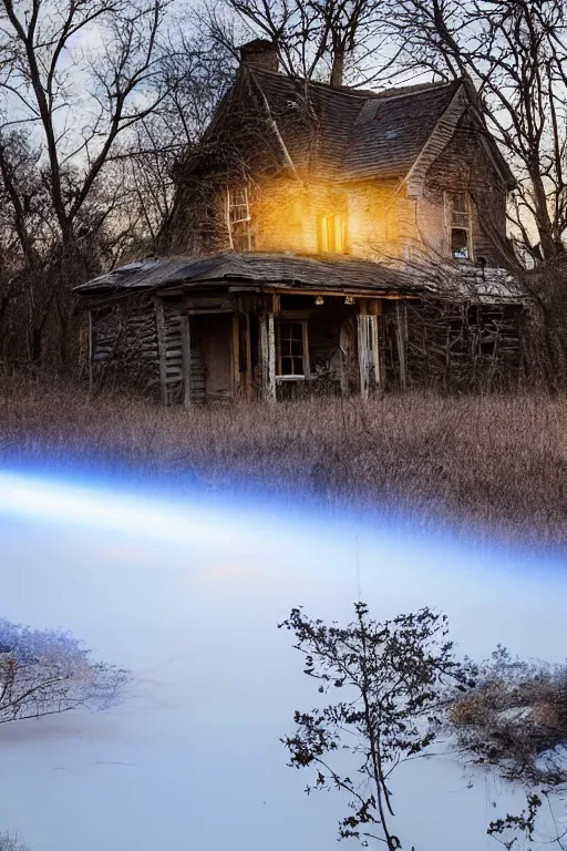 Image similar to orbs of light surround an abandoned cottage