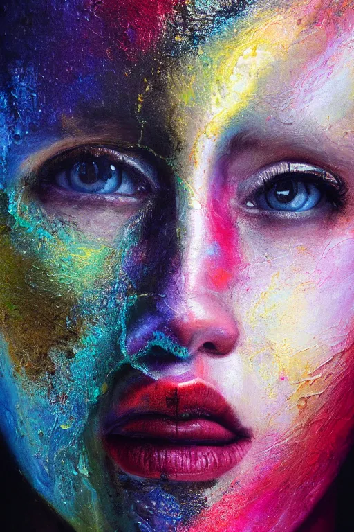 Image similar to hyperrealism oil painting, close - up portrait of face from a tangle of snakes fashion model, knight, street art gradient mixed with nebula sky, in style of baroque
