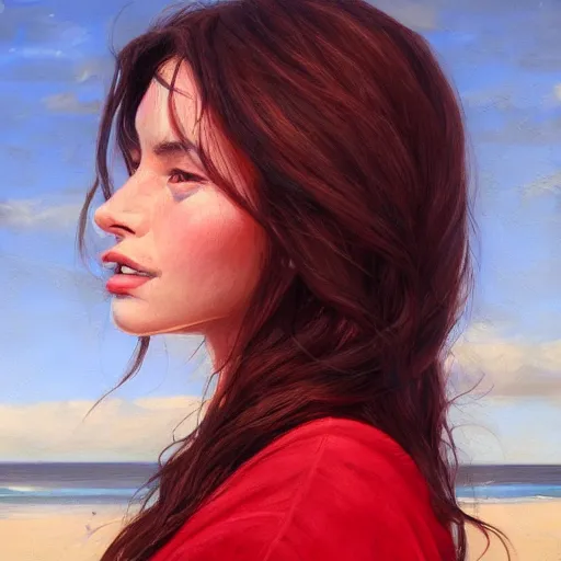 Image similar to woman with long dark brown hair wearing red clothing standing by the beach, beautiful, 8k, highly detailed, realistic, artgerm, sakimichan, rutkowski, trending on artstation, perfect face, portrait, high contrast, golden light, dramatic lighting,