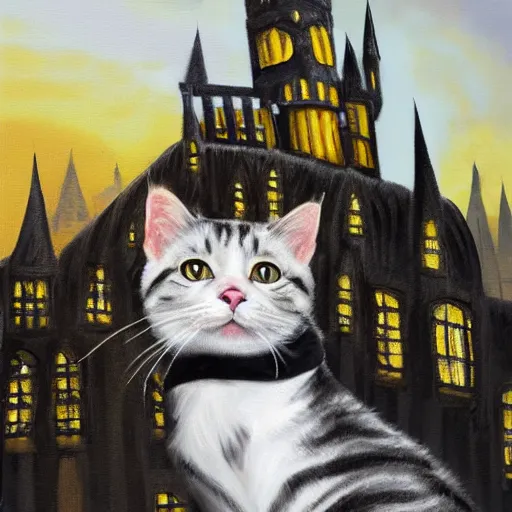 Image similar to oil painting wide shot from below of a white and grey tabby cat wearing a black yellow striped hufflepuff scarf, in front of hogwarts castle, digital painting, high detail, award-winning, playful, deep focus, realistic, hyperrealistic, magical