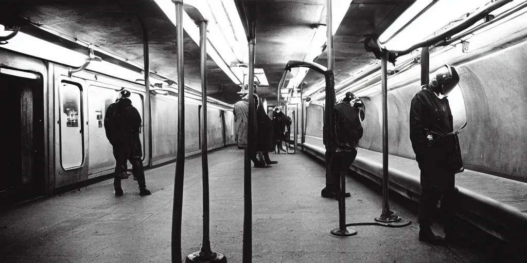 Image similar to welder wearing welding masks in the subway, by richard avedon, ominous lighting, tri - x pan stock