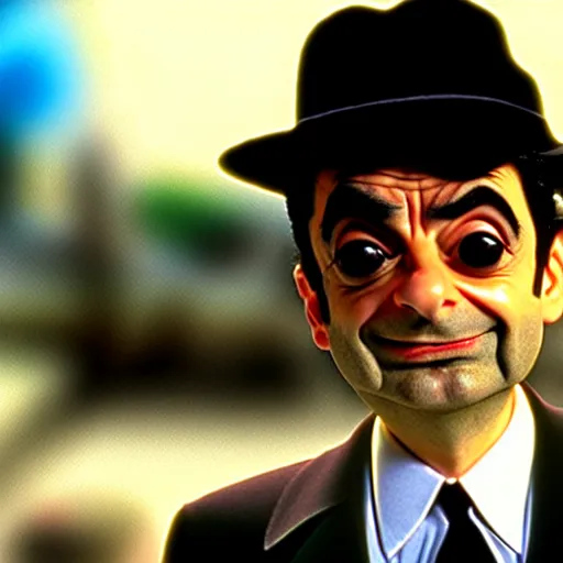 Image similar to mr. bean as a blues brother from the blues brothers movie. movie still. cinematic lighting.