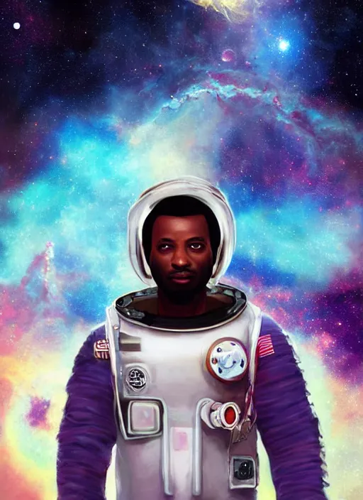 Image similar to handsome african-american man in an advanced spacesuit floating in front of exploding nebulae, digital illustration trending on artstation by artgerm and rutkowski