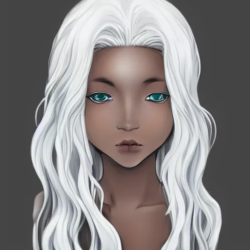 Image similar to young woman with long wavy light silver hair, with blackness instead of eyes, anime