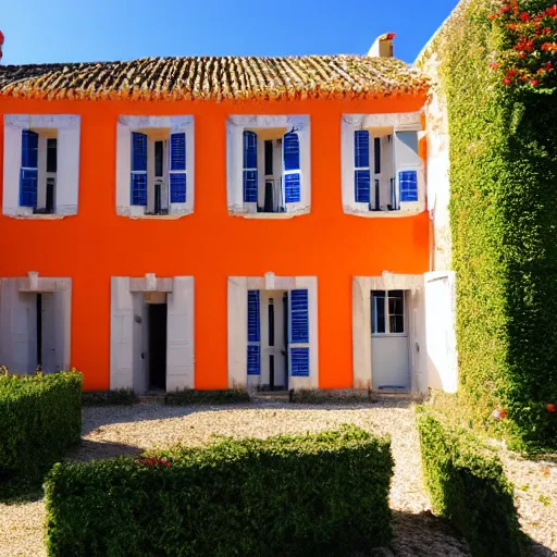 Prompt: ile de re house with a garden, two stores, white walls, orange roof