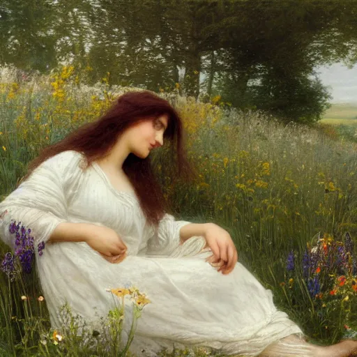 Image similar to a young woman in a flowing white gown sits on a rainbow stone among a wildflower meadow at dawn, in the style of alma tadema, iridescent, diffraction, holographic