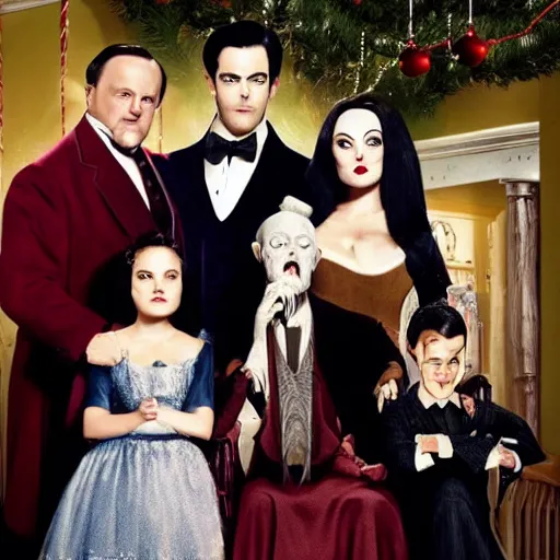 Image similar to An Hallmark movie about the Addams family. Mortician and Gomez trim a Christmas tree. Cinematic, technicolor, crisp