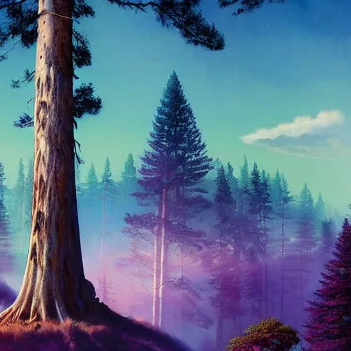 Prompt: solace, peaceful clouds, beautiful, old growth pine trees in a utopic spiritual city with temples, overlaid sacred geometry, with implied lines, gradient of purple and blue, mystical realistic poster with shaded lighting by craig mallismo, artgerm, jeremy lipkin and michael garmash, radiant light, detailed and complex environment