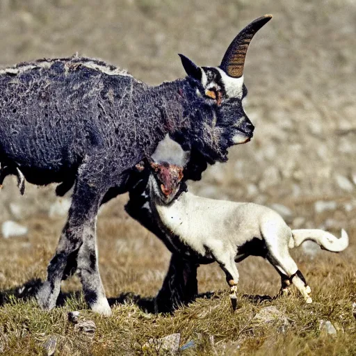 Image similar to lamb and goat fused as one, scientific photo, scary photo, high detail