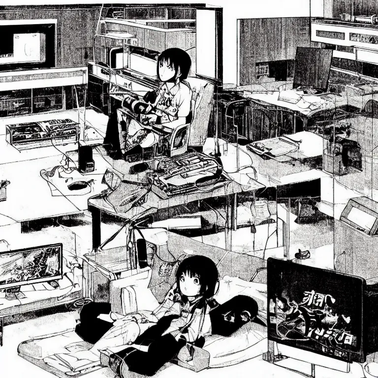 Prompt: manga illustration of teenager playing video games inside creepy 1 9 8 0's living room basement by katsuhiro otomo, kentaro miura, satoshi kon