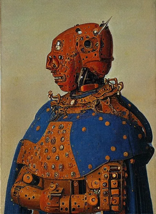 Prompt: a portrait of a warrior robot by Jan van Eyck