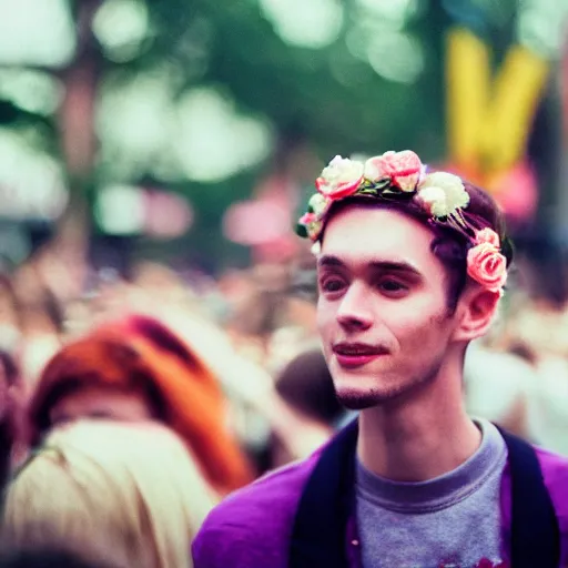 Prompt: close up kodak portra 4 0 0 photograph of a skinny guy standing in crowd, flower crown, moody lighting, telephoto, 9 0 s vibe, blurry background, vaporwave colors, faded!,