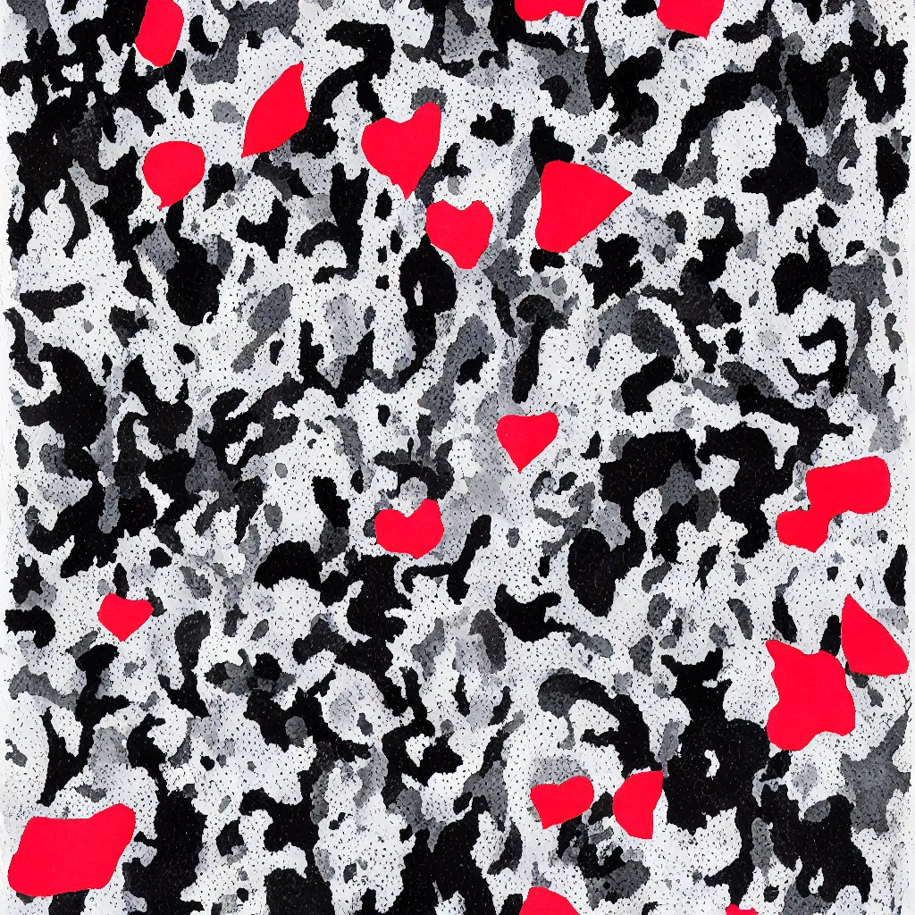 Prompt: camo made of teeth, smiling, abstract, rei kawakubo artwork, cryptic, dots, stipple, lines, splotch, color tearing, pitch bending, color splotches, hearts, dark, ominous, eerie, minimal, points, technical, old painting