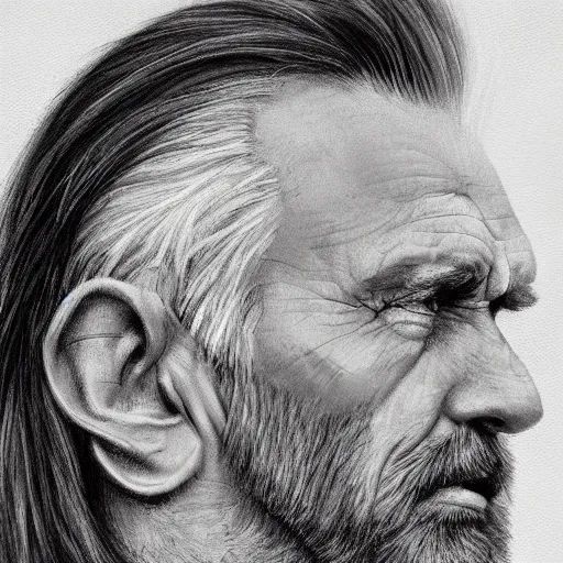 Prompt: old greying flowing hair handsome man with high collar fantasy, symmetrical beautiful, portrait, painting, trending on artstation