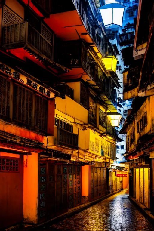 Image similar to an interior view of an old walled city in Hong Kong, colorful, dated and old, dark moody lighting, night, very detailed, photoreal, 8k, canon 20mm lens