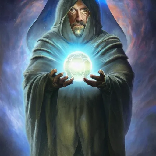 Image similar to the creator of worlds wearing a cloak and holding a holographic planet projection in his hand, detailed, sci - fi, digital painting, artstation, sharp focus, illustration, ominous, artgerm, tomasz alen kopera, peter mohrbacher, donato giancola, joseph christian leyendecker, wlop, frank frazetta