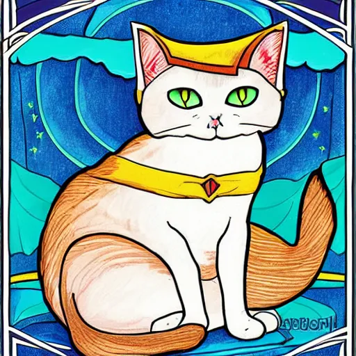 Image similar to Super math wizard cat, in Art Nouveau style, illustration for tarot card