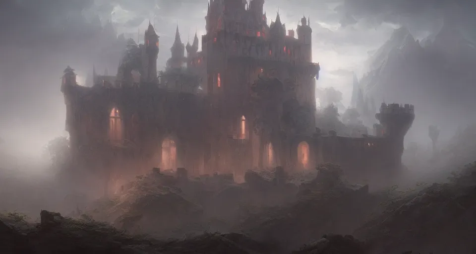 Prompt: an old forgotten castle surrounded by mist, by Noah Bradley, Darek Zabrocki,, James Paick, Natasha Tan, highly detailed, ultra detailed, ultra realistic, trending on artstation