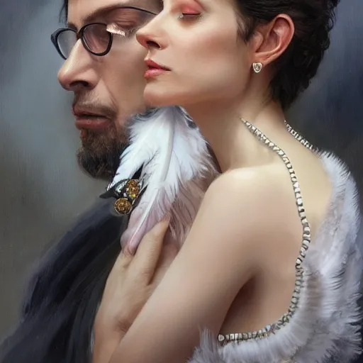 Image similar to hyperrealistic portrait of a man as jeff goldblum touching neck noir white swan dress wearing sapphire jewellery with long feather collar by jeremy mann and alphonse mucha, fantasy art, photo realistic, dynamic lighting, artstation, poster, volumetric lighting, very detailed faces, 4 k, award winning