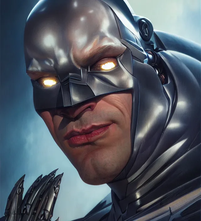 Prompt: a portrait of batman cyborg standing by karol bak, raf grassetti, bisley, james jean, tom bagshaw, rococo, sharp focus, trending on artstation, cinematic lighting, hyper realism, octane render, 8 k, hyper detailed, vivid, ultra detailed, highly detailed