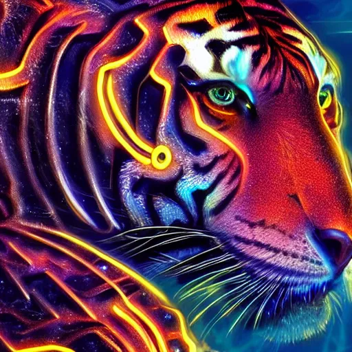 Prompt: cybernetic tiger eye, futuristic, cyberpunk, digital illustration, photo - realistic, macro, extreme details, vivid, neon, dramatic lighting, intricate details